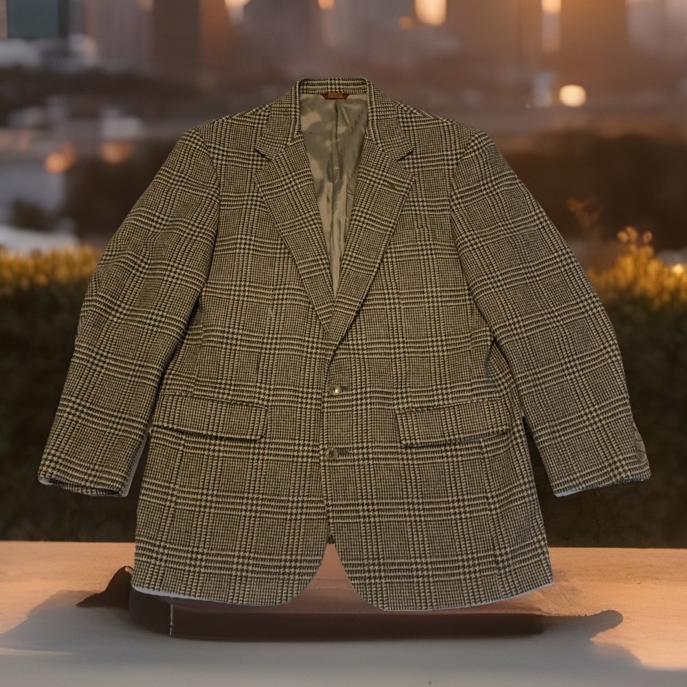 VTG Corbin 46R USA MADE Beige‎ & Cream Houndstooth 100% Wool Blazer Jacket Money